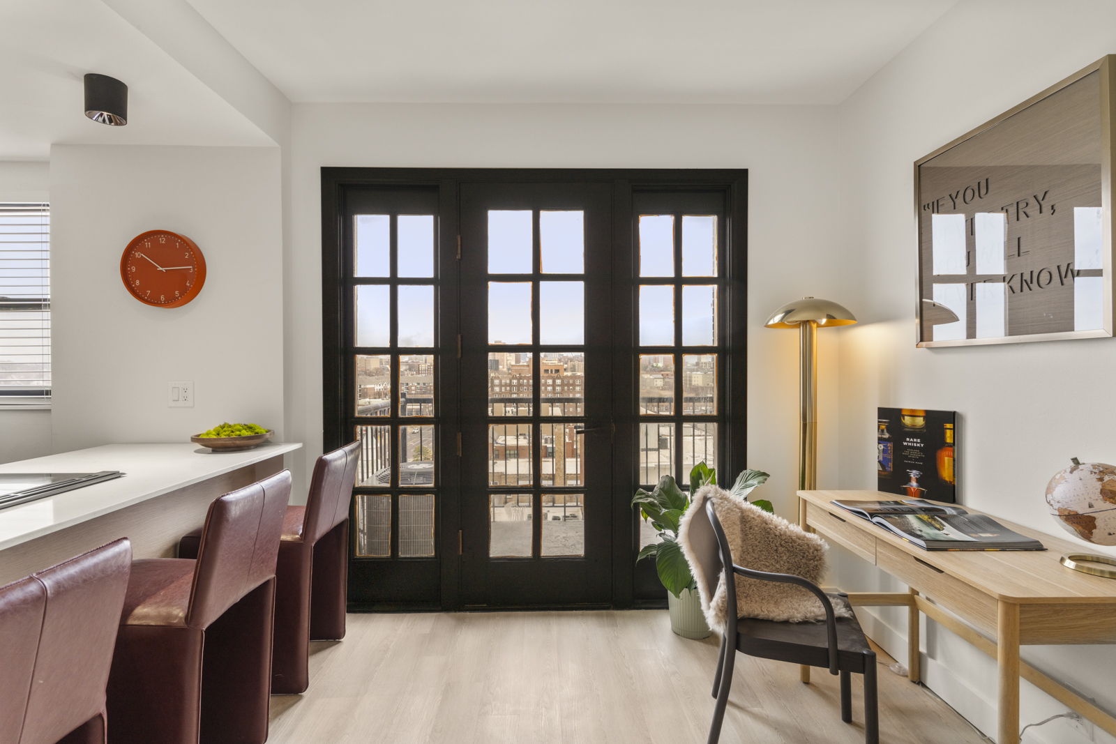 Harper living room with French doors and designer furnishings